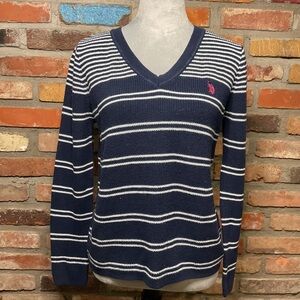 U.S. Polo Assn. Navy and White Striped V-Neck Sweater